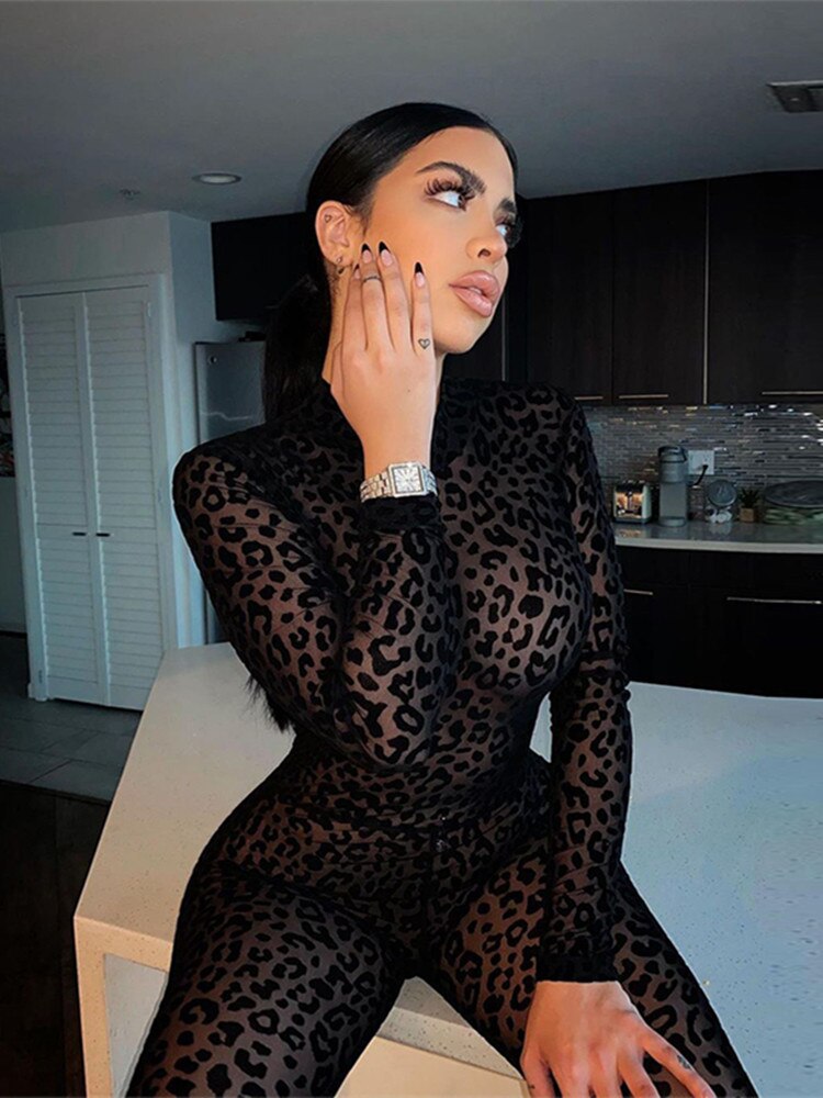 BlackPluss - Mesh Bodystocking Leopard See-Through Velour Long Sleeve Rompers.