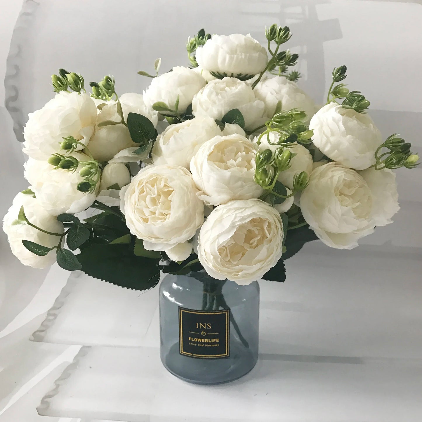 BlackPluss - 30cm Rose Pink Silk Peony Artificial Flowers Bouquet 5 Big Head and 4 Bud Flowers