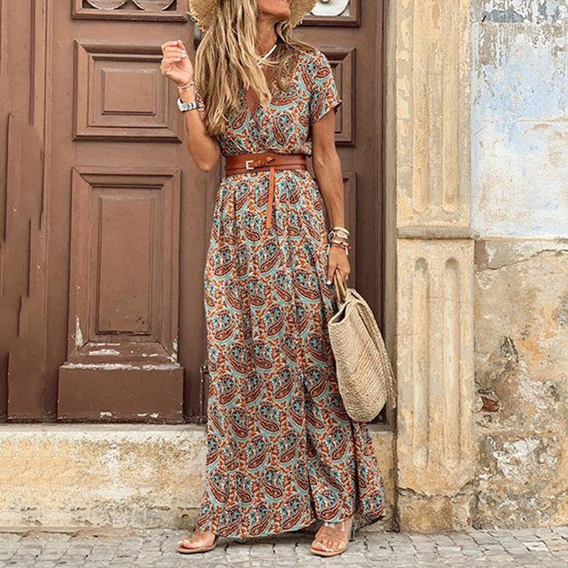 BlackPluss - Boho Paisley Print Elegant V Neck Short Sleeve Maxi Dress