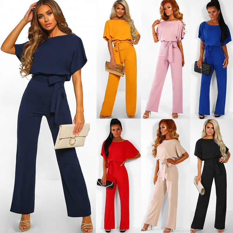 BlackPluss - Women Jumpsuit Elegant Short Sleeve Hollowed Waist Tie Solid.