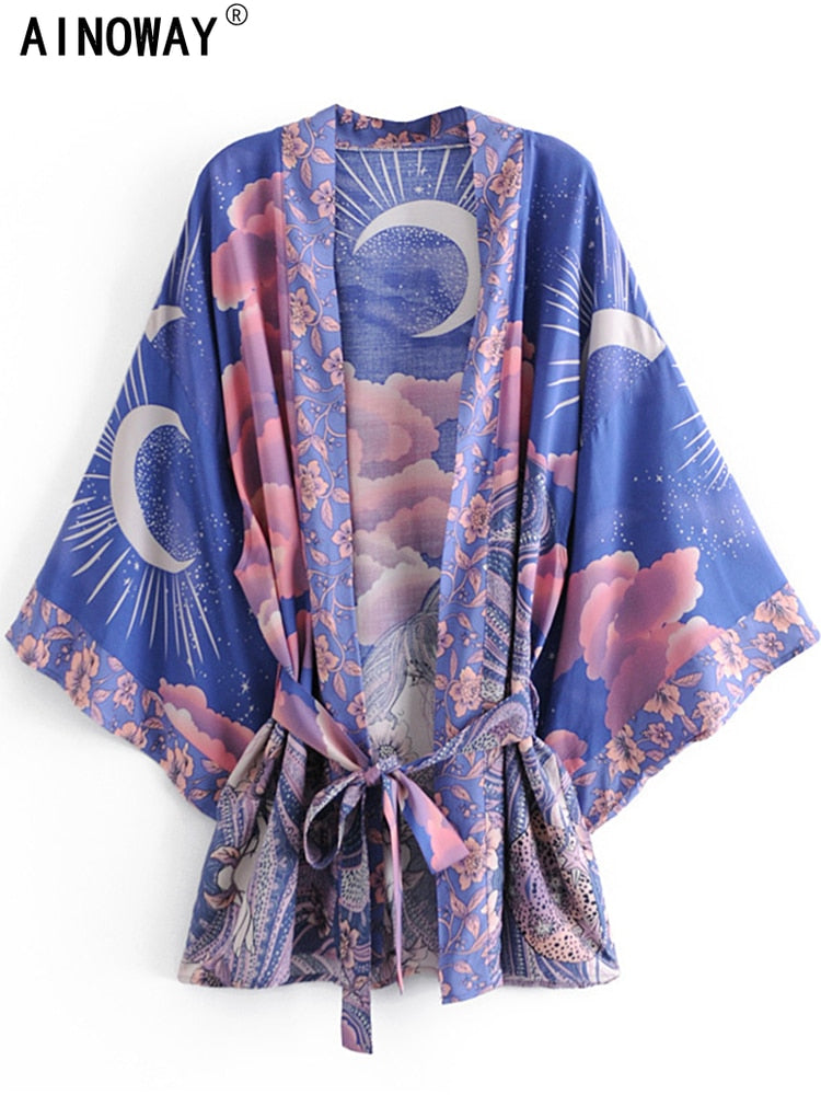 BlackPluss - Boho Vintage Star and Moon Floral Print Sashes Bohemian