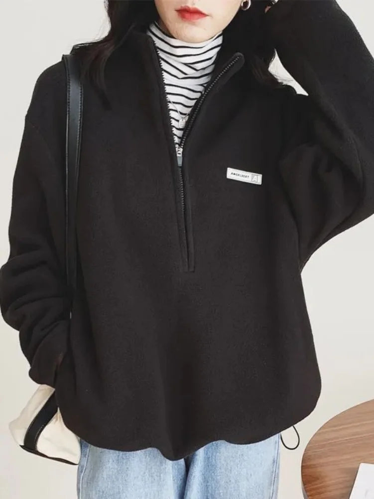 Blackpluss - Warm Fleece Fluffy Zip Hoodies Women Casual Sweatshirt Top.