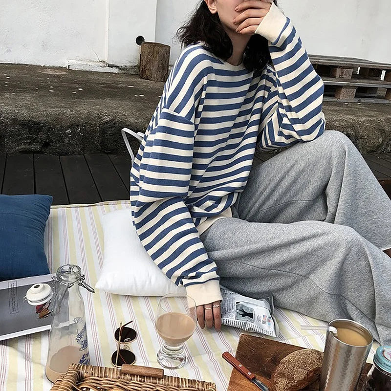 BlackPluss - Hoodies Women stripe cotton Hoodie Clothes long sleeve loose thin Sweatshirt Tops