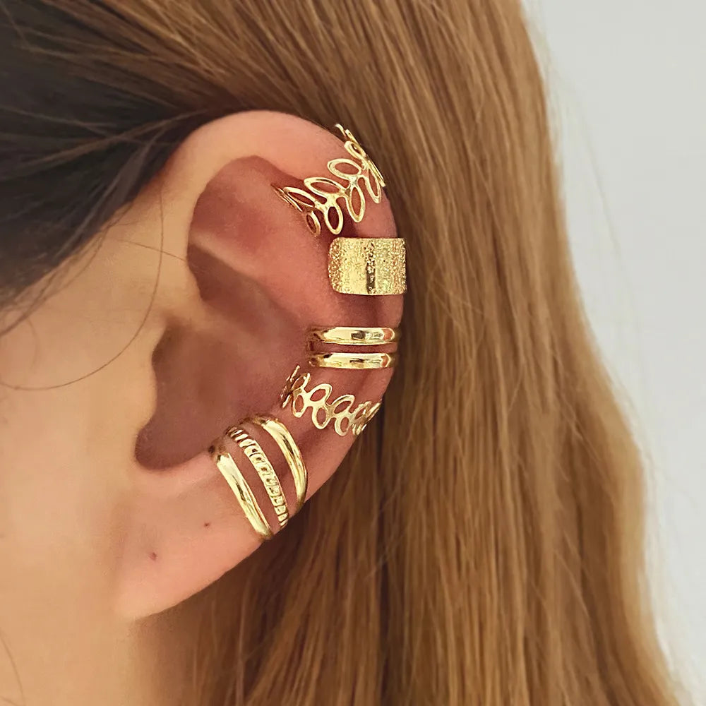 BlackPluss - Gold Color Leaves Ear Cuff Black Non-Piercing Ear Clip Earrings for Women Men