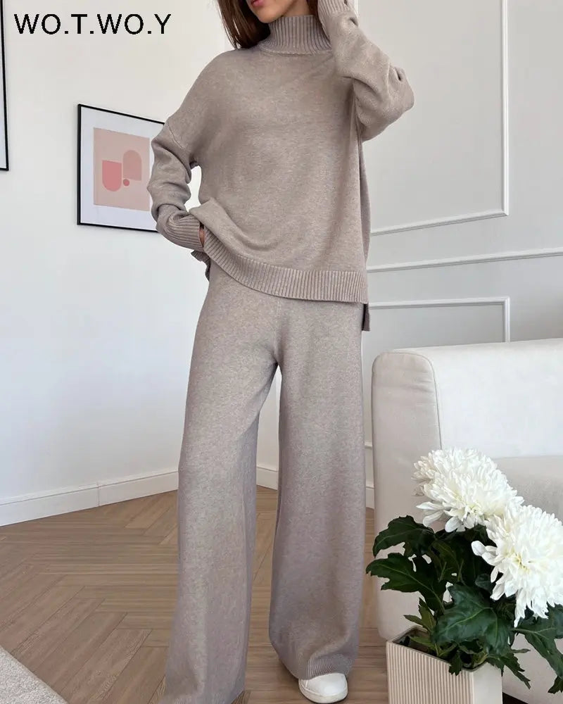 Blackpluss - Knitted 2 Piece Turtleneck Sweater Wide Leg Pants Set Women