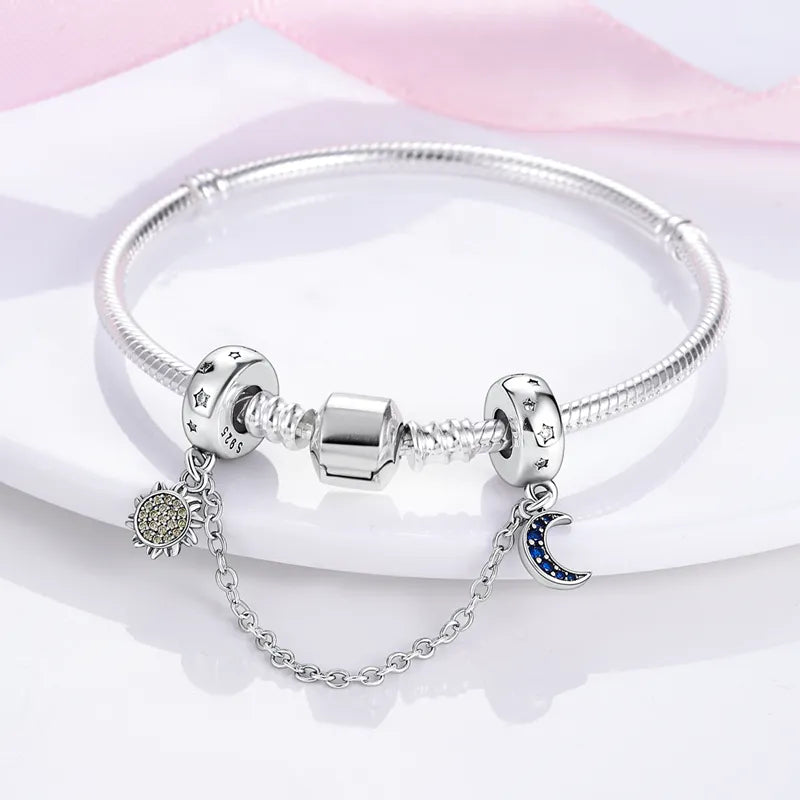BlackPluss - Real 925 Sterling Silver Stars & Moon Sunflower Safety Chains Spacer Beads Charms Fit Pandora 925 Original Bracelets DIY Jewelry