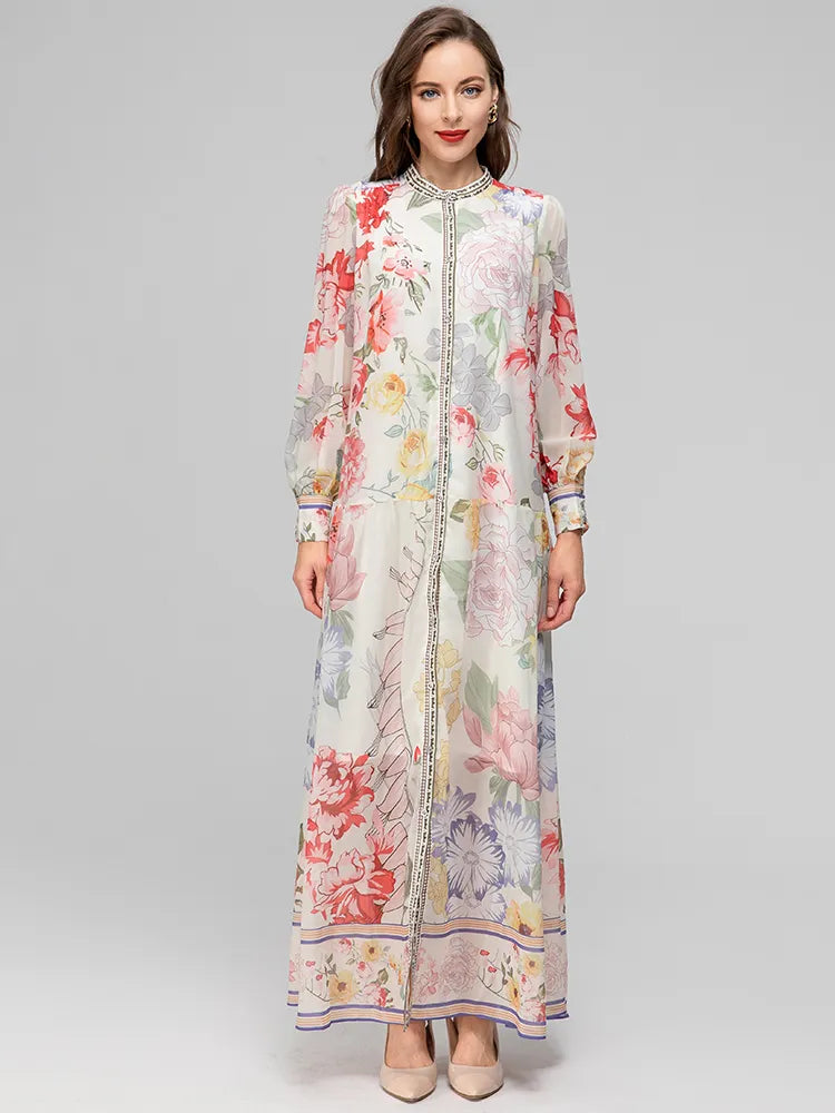 BlackPluss - Fashion Designer Summer Elegance Women's Dress Lantern Long Sleeve Lace Flower Printing