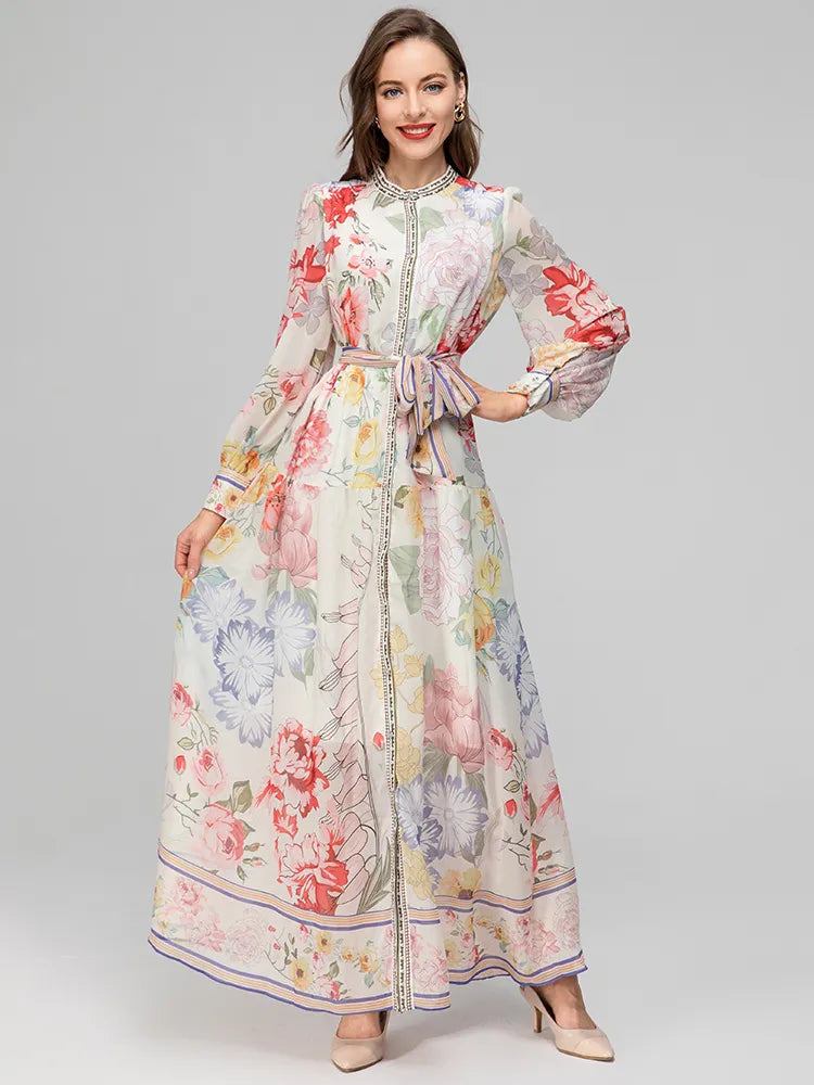 BlackPluss - Fashion Designer Summer Elegance Women's Dress Lantern Long Sleeve Lace Flower Printing