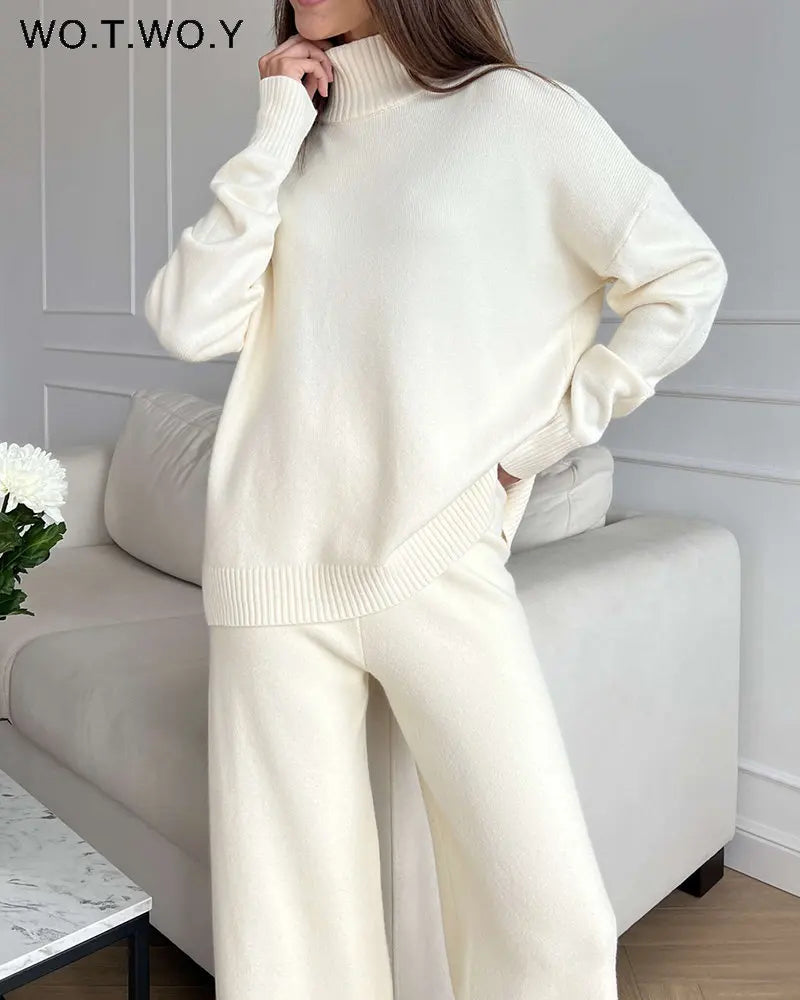 Blackpluss - Knitted 2 Piece Turtleneck Sweater Wide Leg Pants Set Women