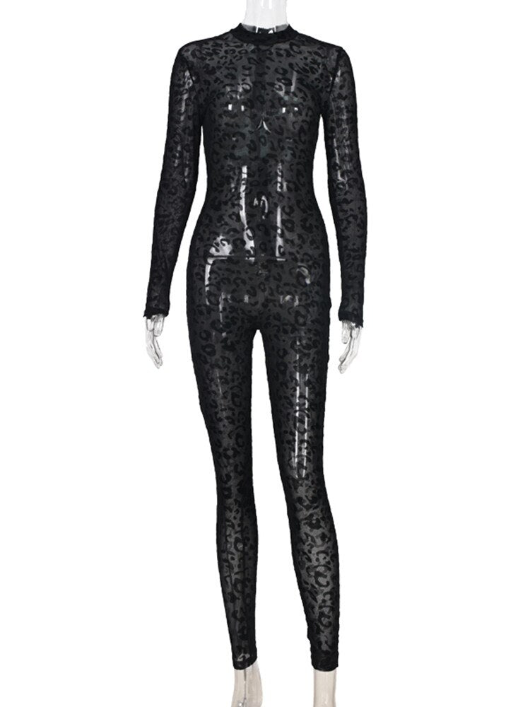 BlackPluss - Mesh Bodystocking Leopard See-Through Velour Long Sleeve Rompers.