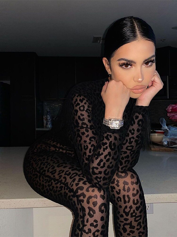 BlackPluss - Mesh Bodystocking Leopard See-Through Velour Long Sleeve Rompers.