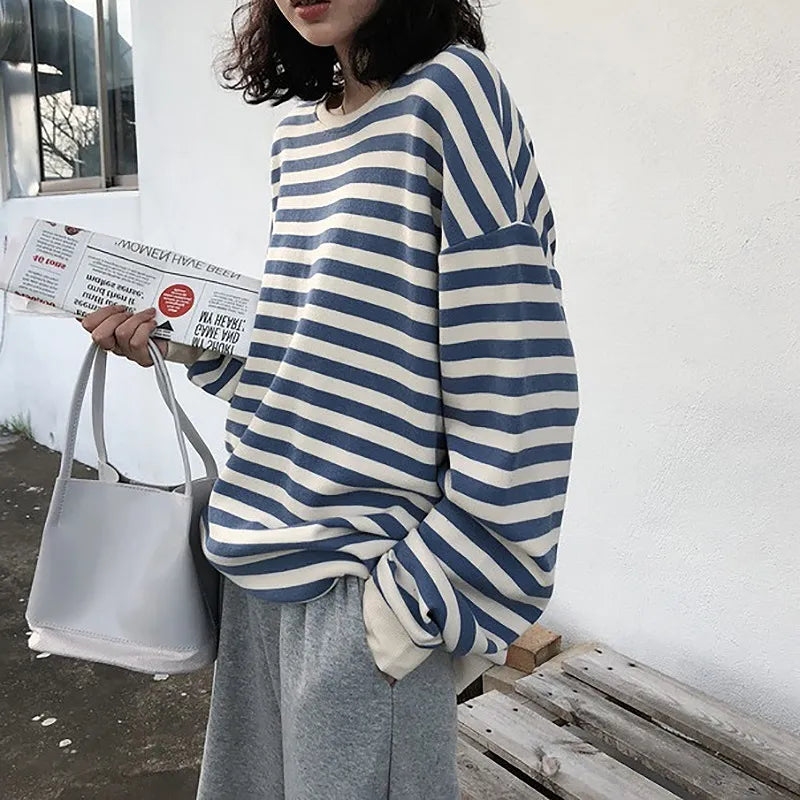 BlackPluss - Hoodies Women stripe cotton Hoodie Clothes long sleeve loose thin Sweatshirt Tops