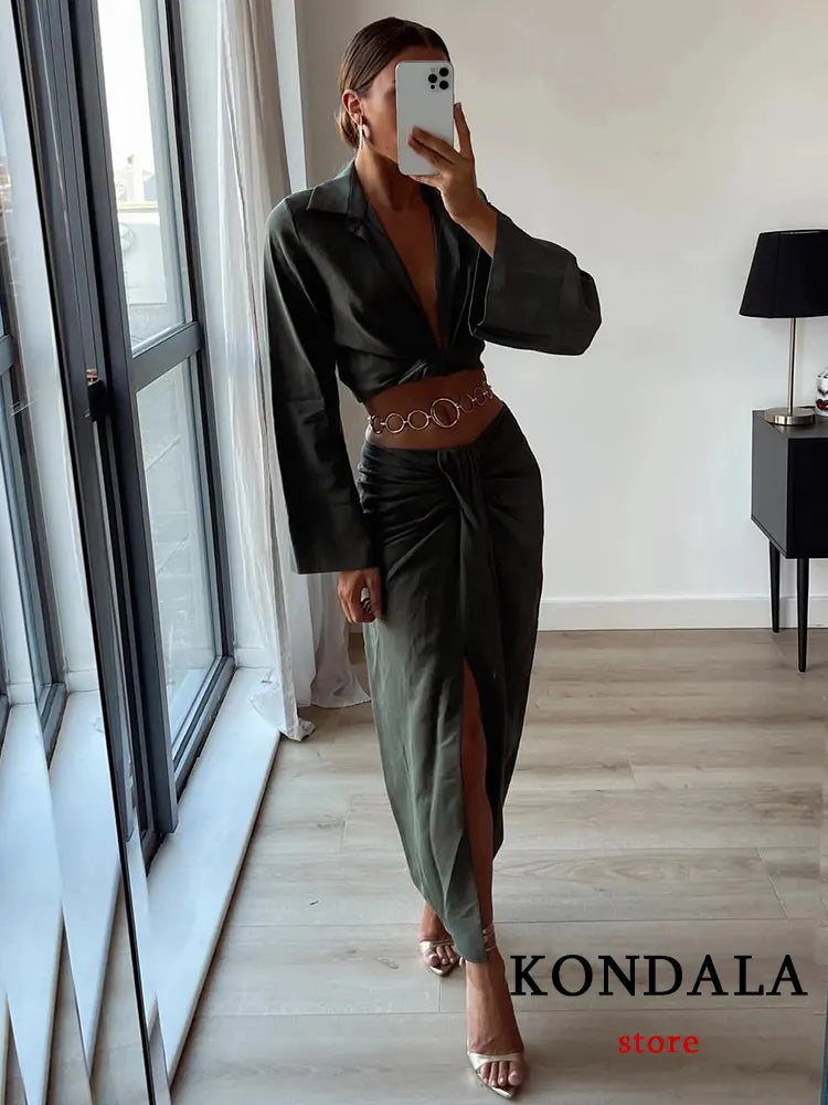 Blackpluss - Vintage Office Lady Solid Women Suits Long Sleeve Bow Shirts Tops+Side Split Pleated Skirts Fashion Casual Sets