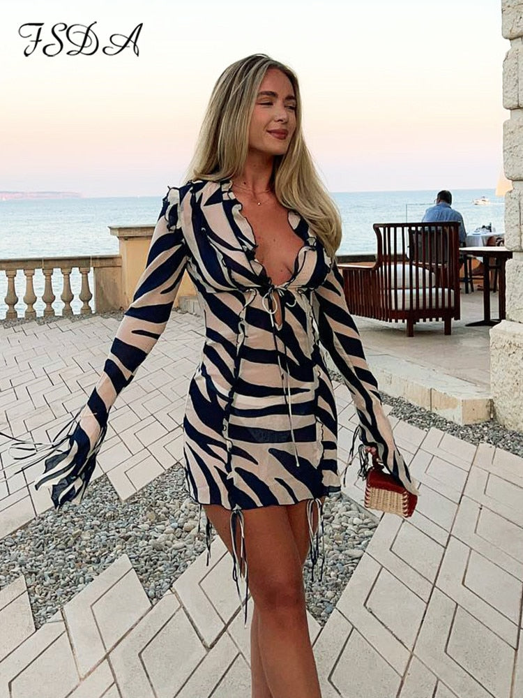 BlackPluss - Print Long Sleeve Mini Summer Beach Dress Ruffles.