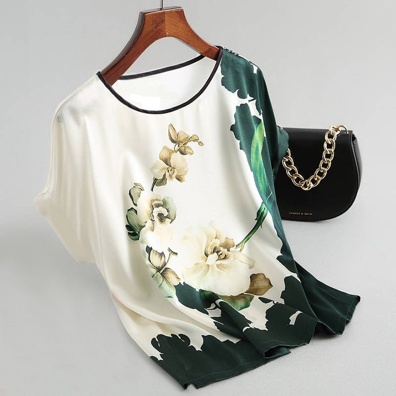 BlackPluss - Fashion Floral Print Blouse Pullover Ladies Silk Satin Plus Size.