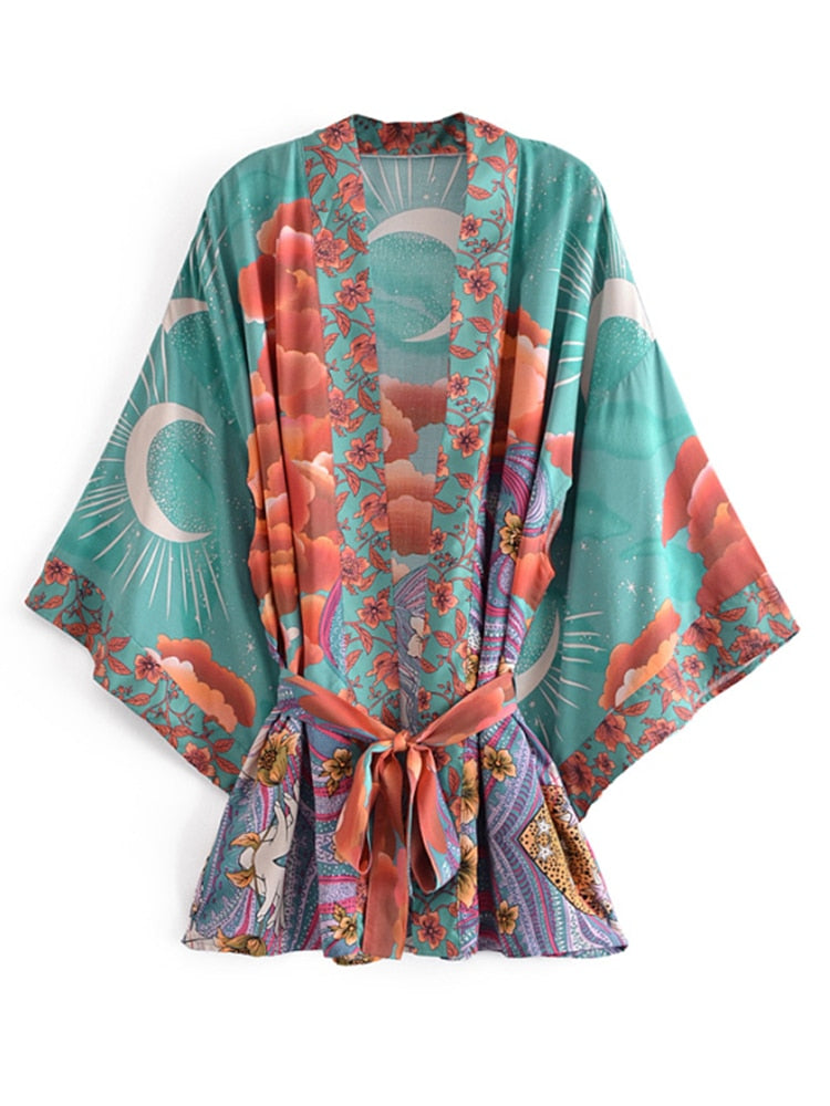 BlackPluss - Boho Vintage Star and Moon Floral Print Sashes Bohemian