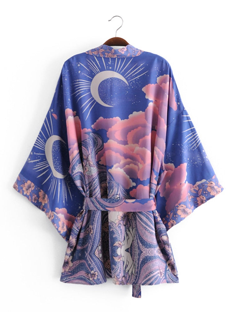BlackPluss - Boho Vintage Star and Moon Floral Print Sashes Bohemian
