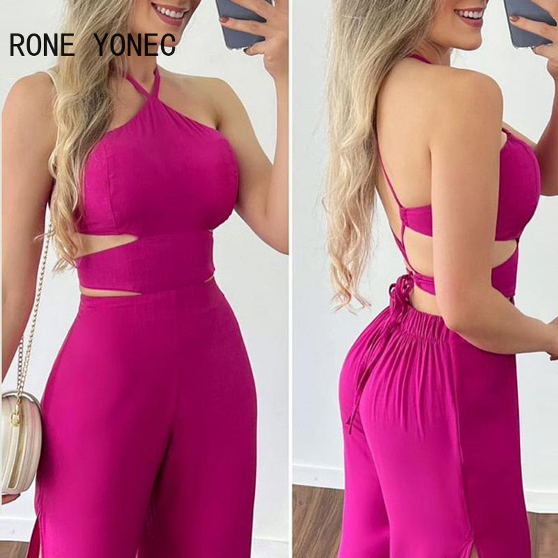 BlackPluss - Solid Elegant Sexy Halter Cami Crop Top High Silt Elastic Waist.