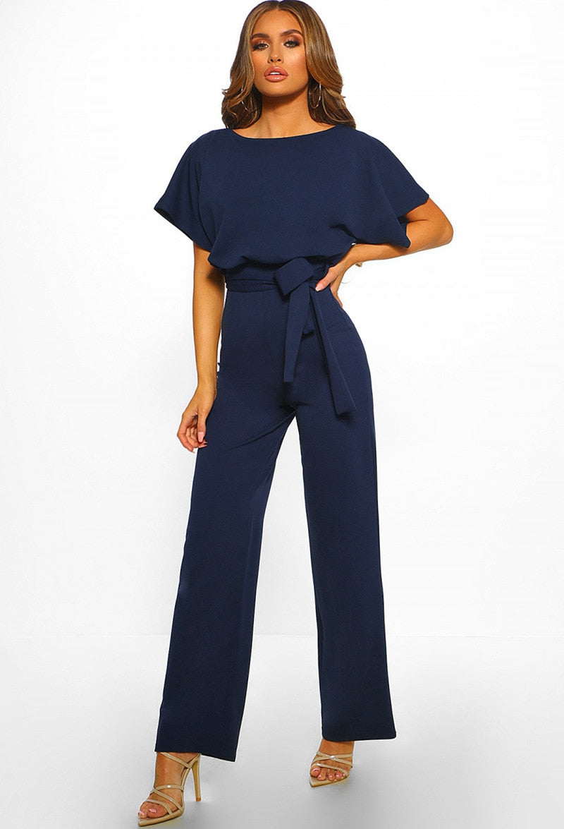 BlackPluss - Women Jumpsuit Elegant Short Sleeve Hollowed Waist Tie Solid.