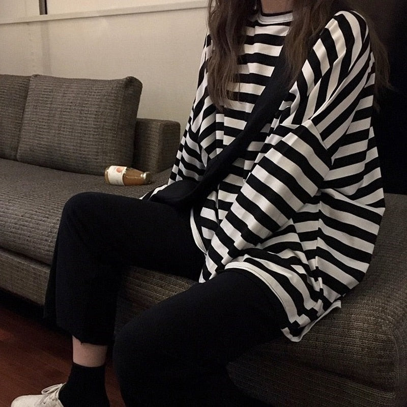 BlackPluss - pring Autumn Women harajuku Striped Tshirt Long Sleeve O-Neck.