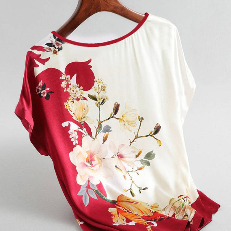 BlackPluss - Fashion Floral Print Blouse Pullover Ladies Silk Satin Plus Size.