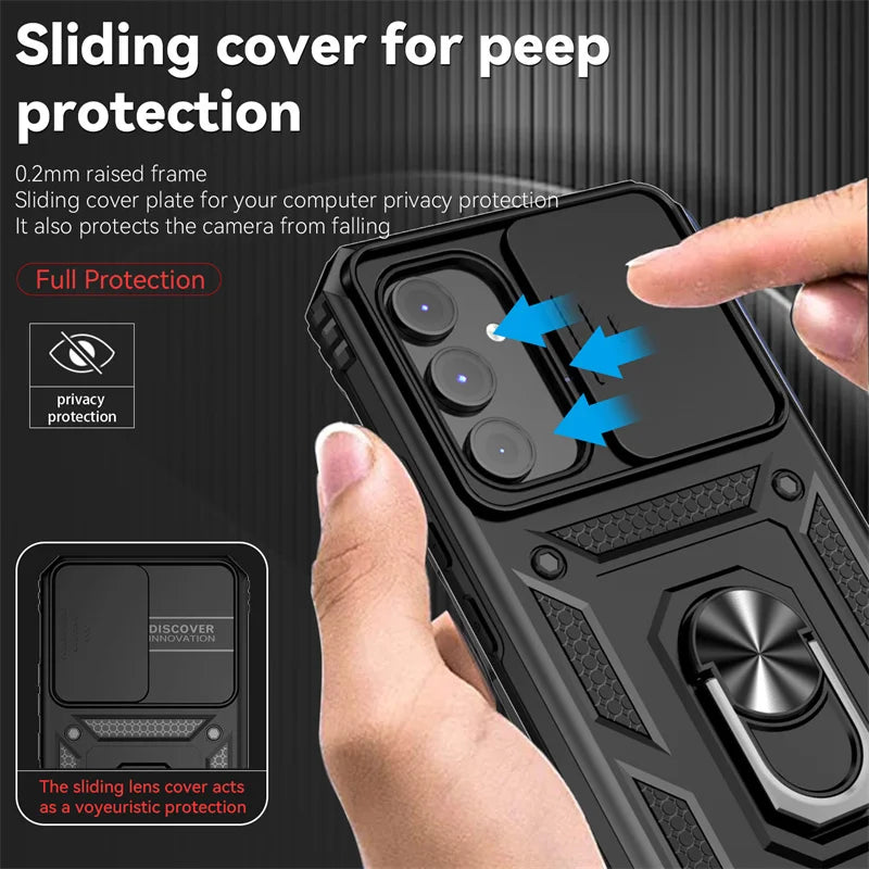 BlackPluss - For Samsung Galaxy A14 A34 A54 5G Case Slide Camera Protect Armor Phone Case For Samsung A54 A 14 34 54 Magnet Holder Ring Cover