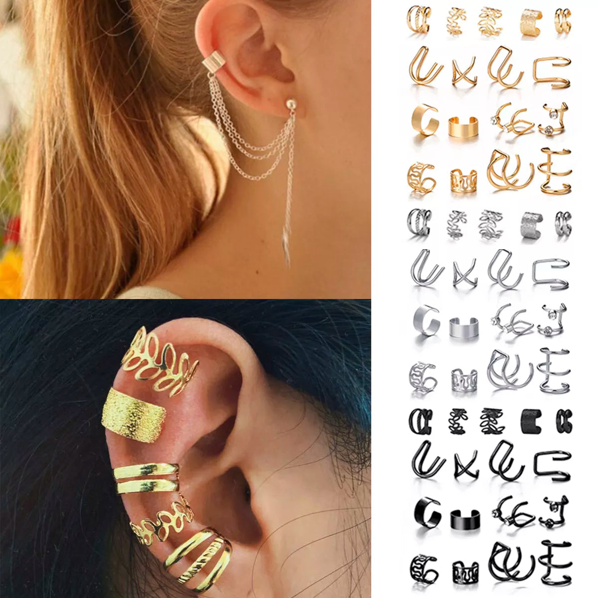 BlackPluss - Gold Color Leaves Ear Cuff Black Non-Piercing Ear Clip Earrings for Women Men