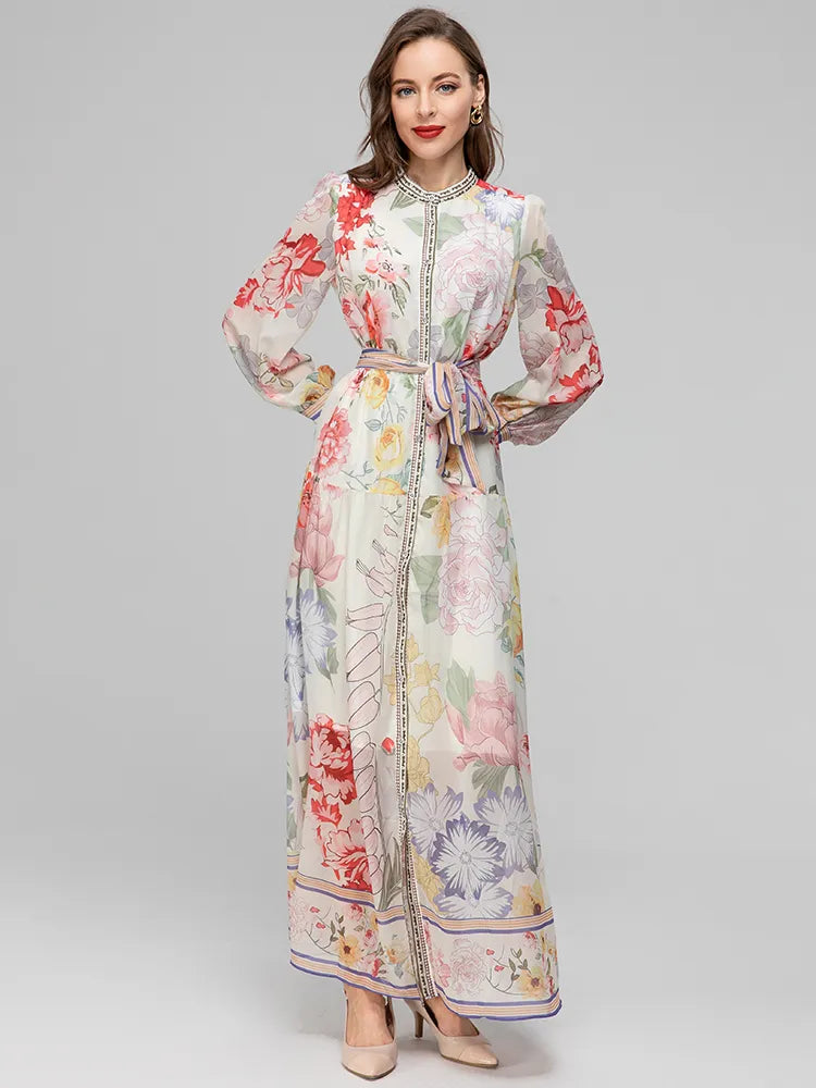 BlackPluss - Fashion Designer Summer Elegance Women's Dress Lantern Long Sleeve Lace Flower Printing