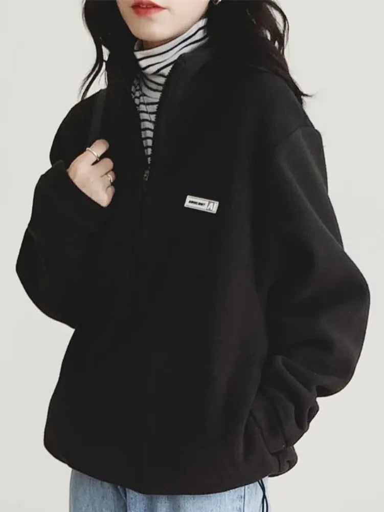 Blackpluss - Warm Fleece Fluffy Zip Hoodies Women Casual Sweatshirt Top.