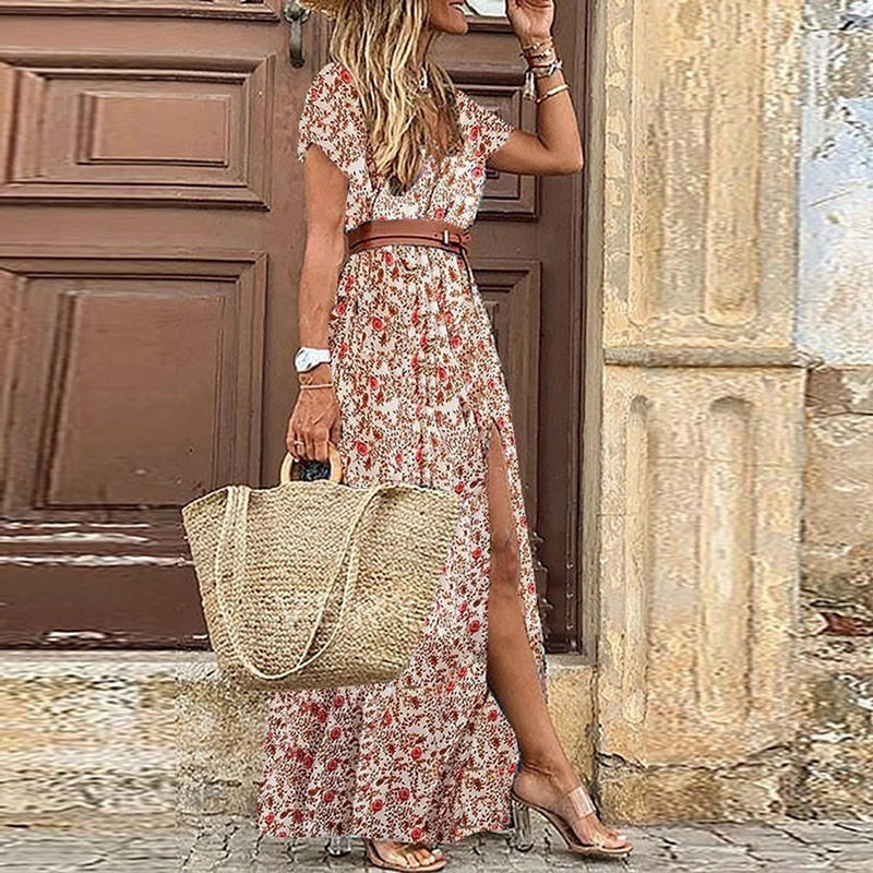 BlackPluss - Boho Paisley Print Elegant V Neck Short Sleeve Maxi Dress