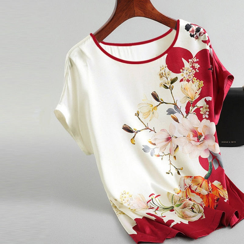 BlackPluss - Fashion Floral Print Blouse Pullover Ladies Silk Satin Plus Size.