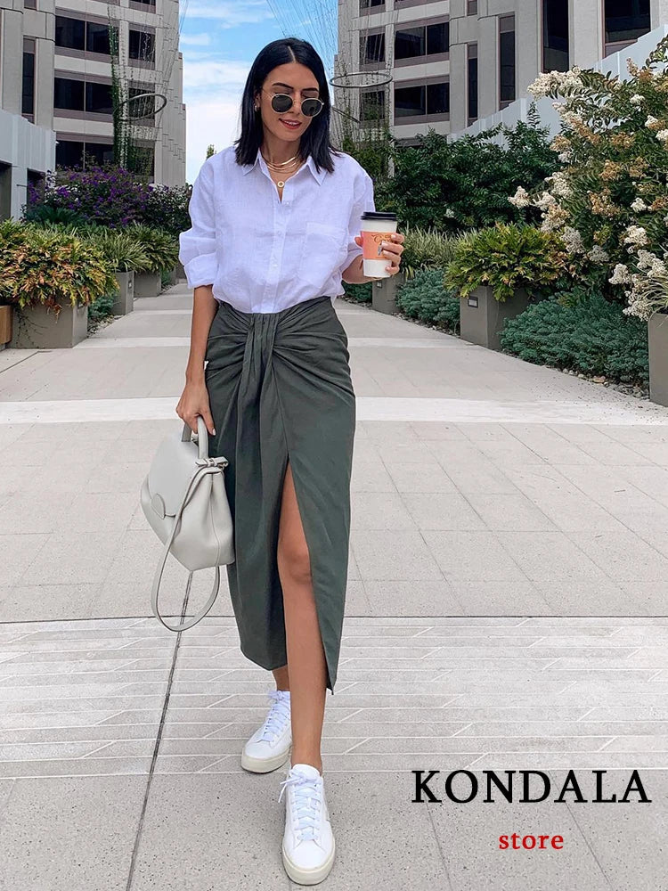 Blackpluss - Vintage Office Lady Solid Women Suits Long Sleeve Bow Shirts Tops+Side Split Pleated Skirts Fashion Casual Sets