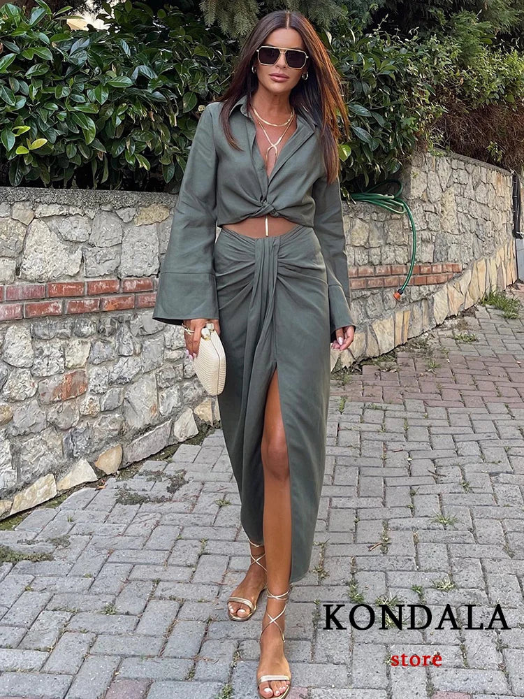 Blackpluss - Vintage Office Lady Solid Women Suits Long Sleeve Bow Shirts Tops+Side Split Pleated Skirts Fashion Casual Sets