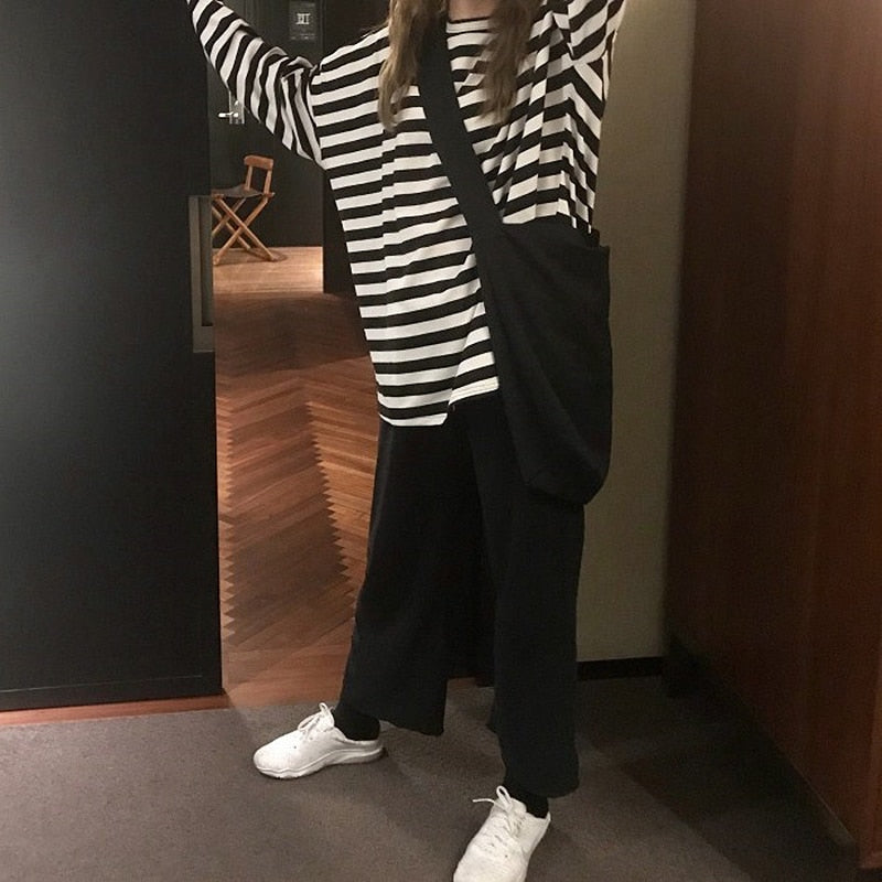 BlackPluss - pring Autumn Women harajuku Striped Tshirt Long Sleeve O-Neck.