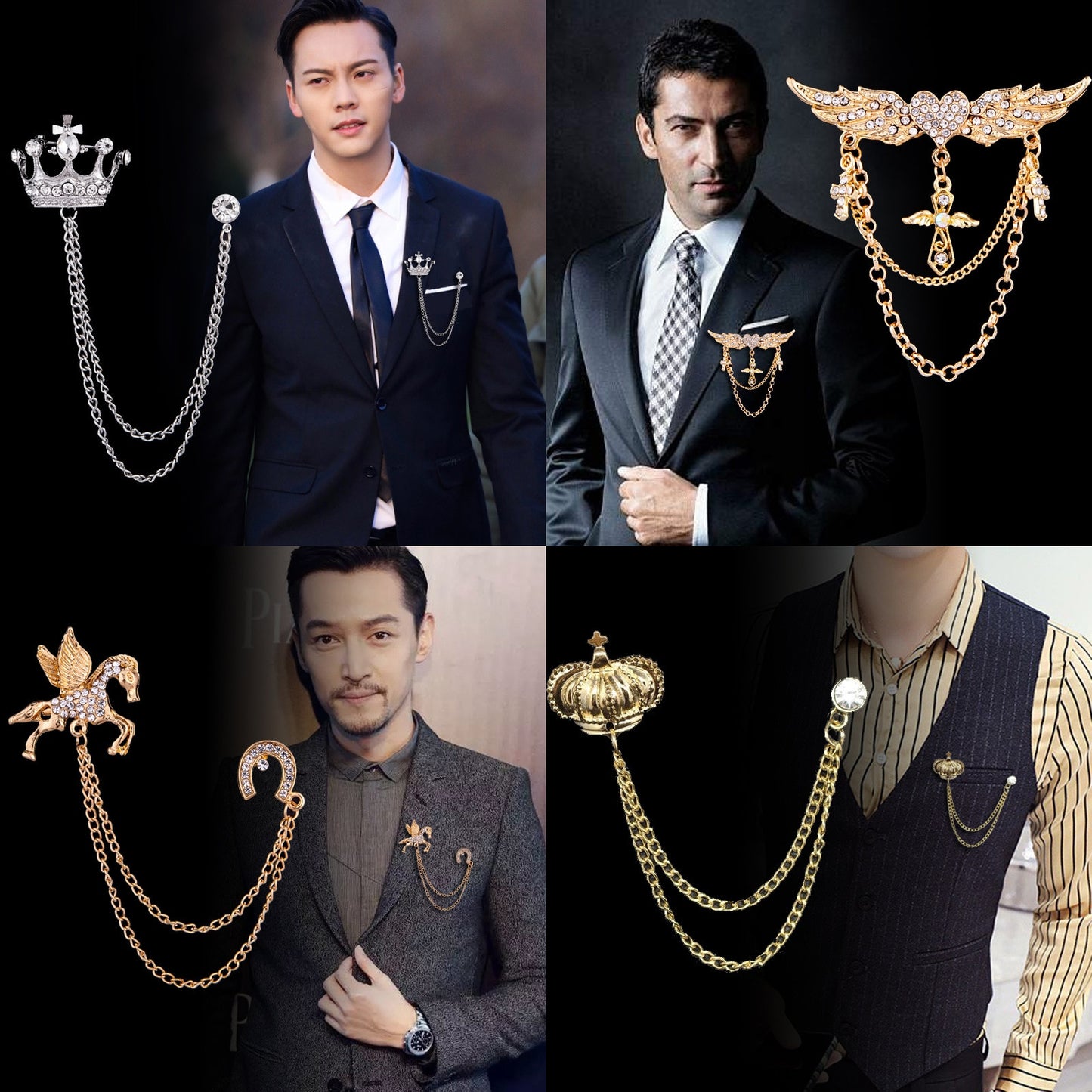 BlackPluss - Korean British Style Crown Bird Brooch Cross Suit.