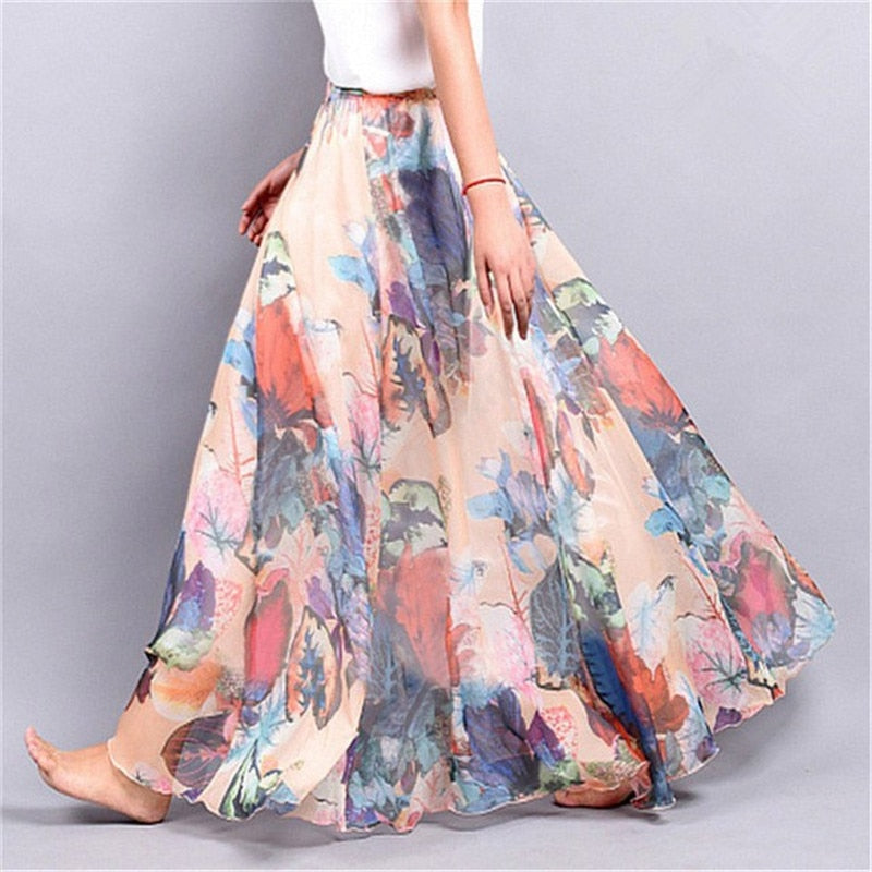 BlackPluss - Elegant Summer Long Skirt Women Chiffon Saia Beach Bohemian Maxi Skirts