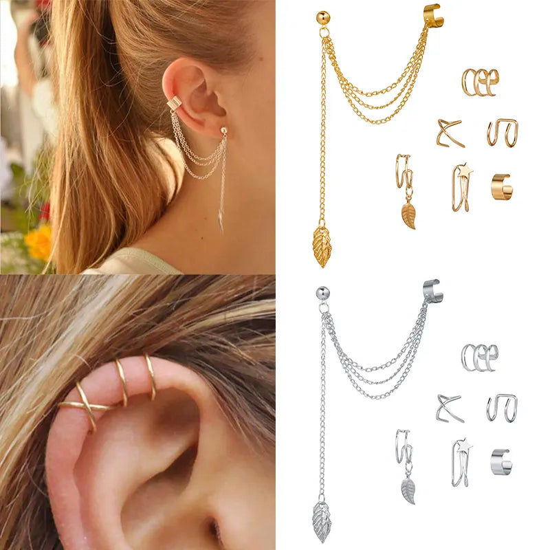BlackPluss - Gold Color Leaves Ear Cuff Black Non-Piercing Ear Clip Earrings for Women Men