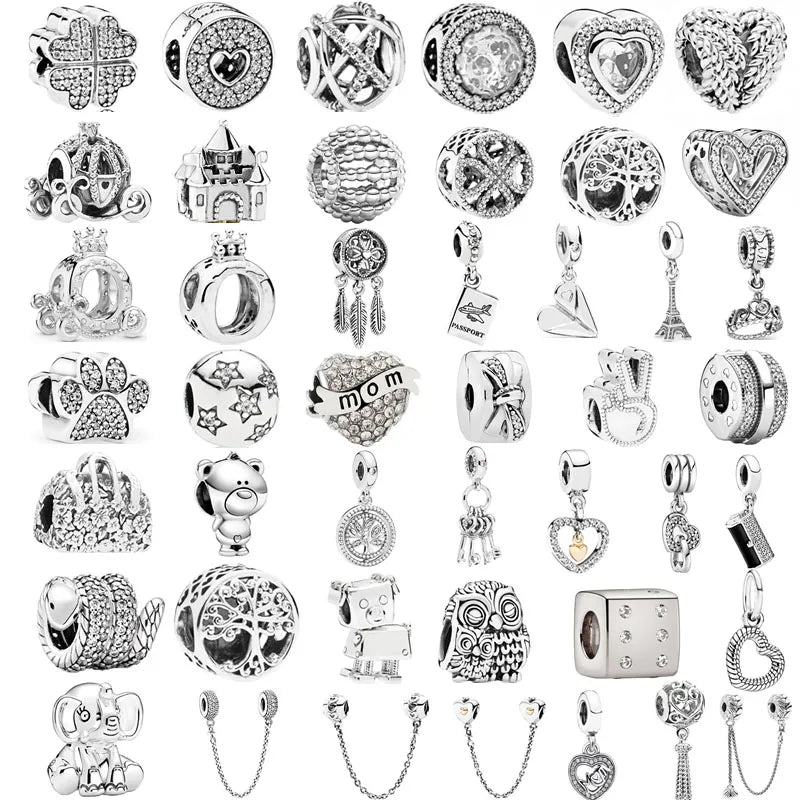 BlackPluss - Feather Crown Safety Chain Owl Love Bead Tower Pendant Fit Original Pandora Charms Silver Color Bracelet DIY Women Jewelry