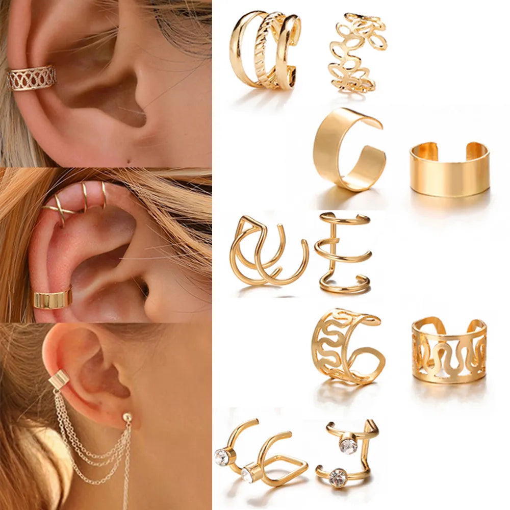BlackPluss - Gold Color Leaves Ear Cuff Black Non-Piercing Ear Clip Earrings for Women Men