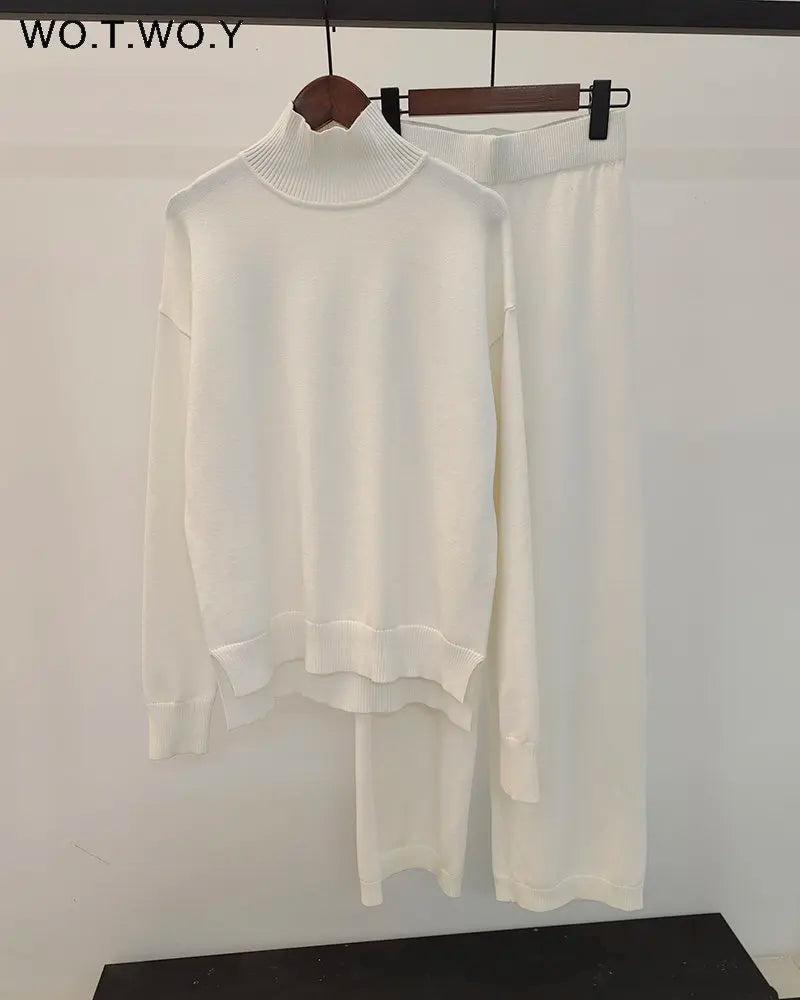 Blackpluss - Knitted 2 Piece Turtleneck Sweater Wide Leg Pants Set Women