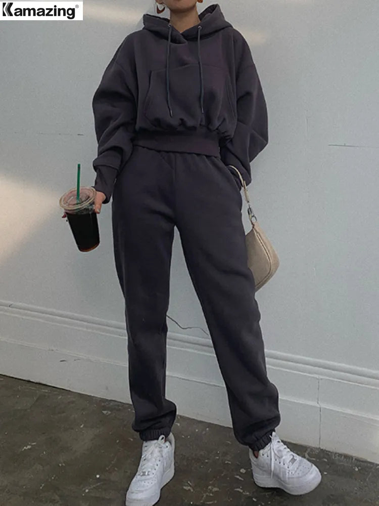 Blackpluss - Suit Winter Spring Solid Casual Tracksuit Women Fleece 2 Pieces Set Sports Sweatshirts Pullover Sweatpants Wholesale