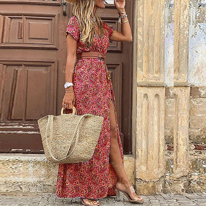 BlackPluss - Boho Paisley Print Elegant V Neck Short Sleeve Maxi Dress