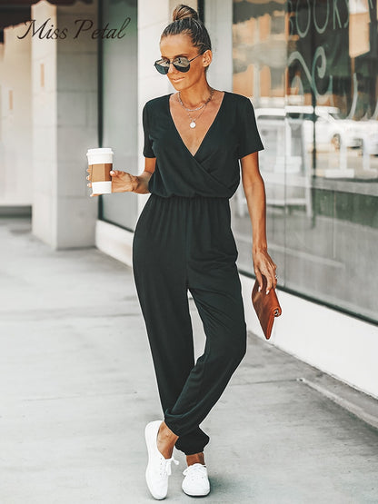 BlackPluss - V-neck Short Sleeve Jumpsuit For Woman Casual Long Jogger Pants.