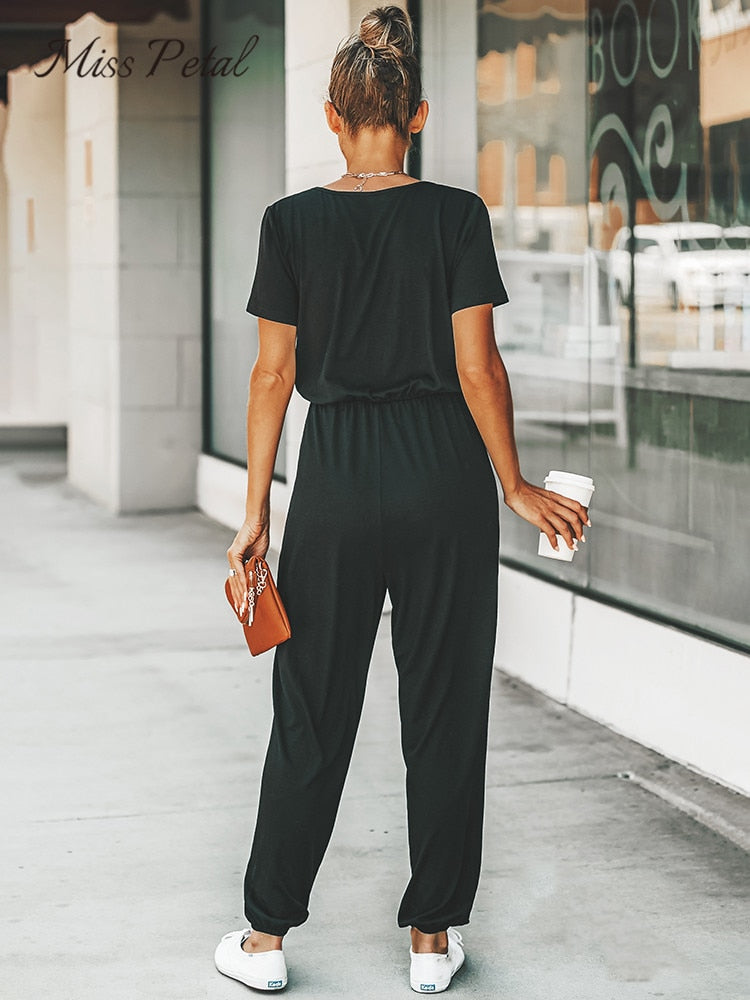 BlackPluss - V-neck Short Sleeve Jumpsuit For Woman Casual Long Jogger Pants.