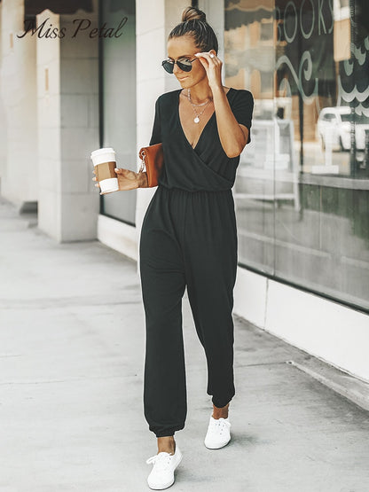 BlackPluss - V-neck Short Sleeve Jumpsuit For Woman Casual Long Jogger Pants.