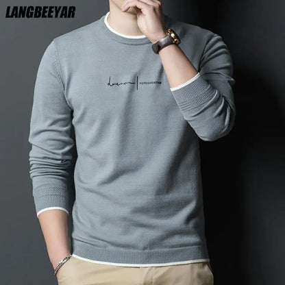 BlackPluss| Knit Pullover Sweater Men Crew Letter Printed Slim Fit Autum Winter Navy Casual Jumper