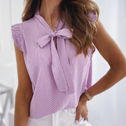 BlackPluss - Elegant Ruffles Sleeveless Polka Pot Lace Up Tie Bow Blouses and Shirts.