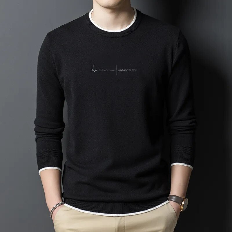 BlackPluss| Knit Pullover Sweater Men Crew Letter Printed Slim Fit Autum Winter Navy Casual Jumper