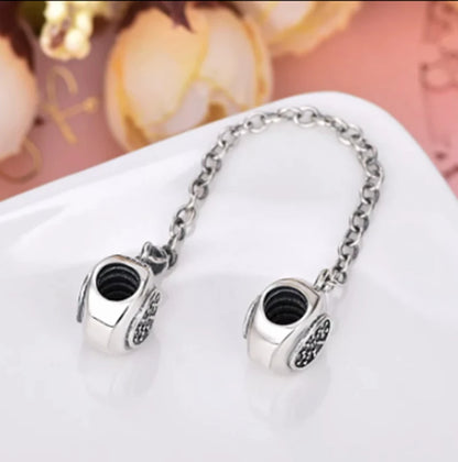 BlackPluss - 925 Silver Sparkling Sparkle Star Moon Safety Chain Charm Bead Fit Original Pandora Bracelet Pendant DIY Jewelry For Women