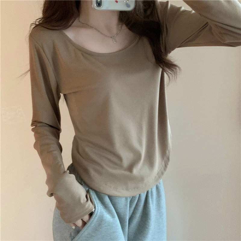 BlackPluss - Women Long Sleeve Square Neck T-Shirt Spring And Autumn.